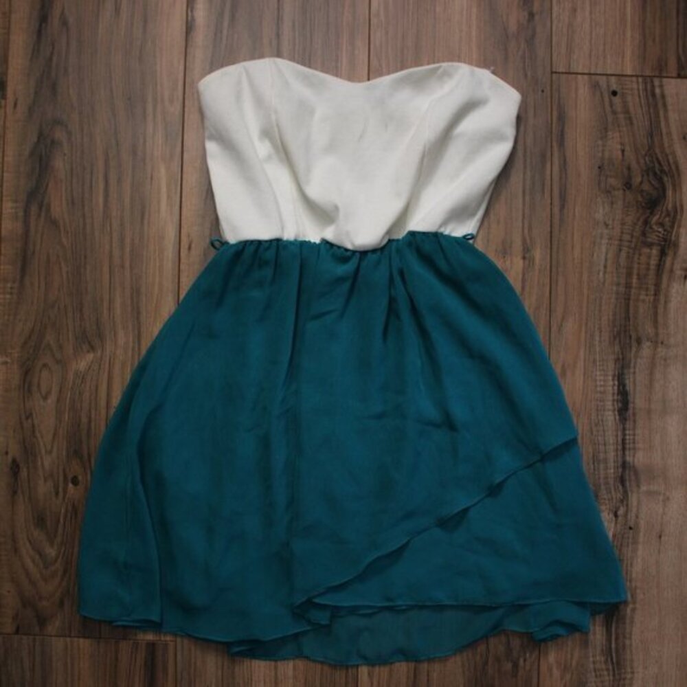 Deb VTG Strapless White and Green/Teal Dress S
